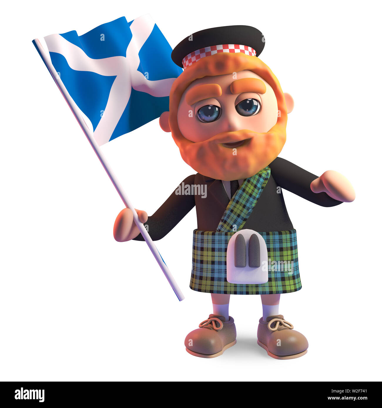 Orgoglioso uomo scozzese in kilt sventola la bandiera scozzese, 3D render illustrazione Foto Stock