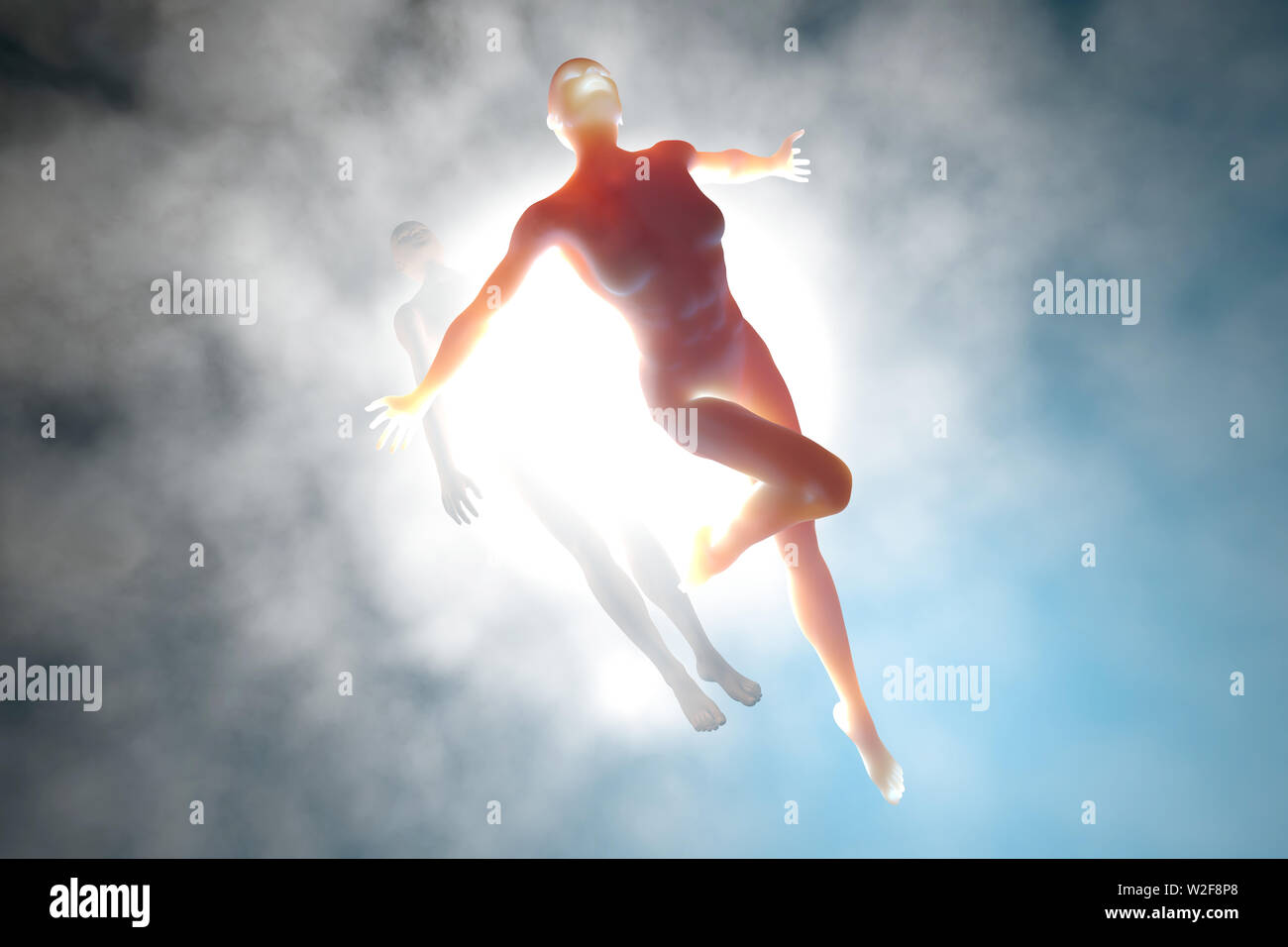 3D reso illustrazione di un'anima lascia il corpo al momento della morte. Foto Stock
