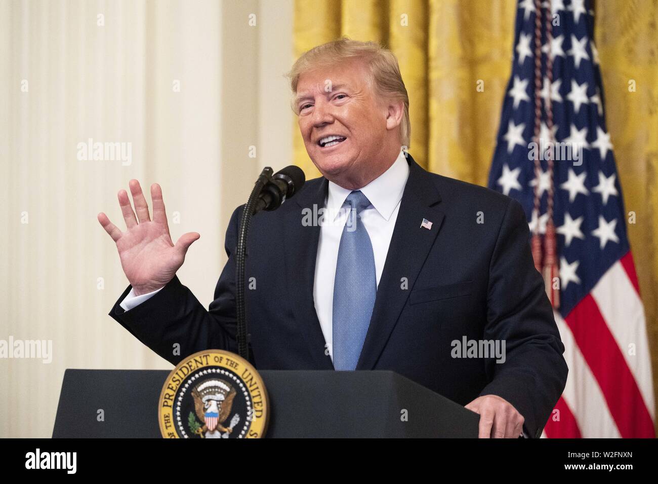 Washington D.C, STATI UNITI D'AMERICA. 8 Luglio, 2019. Presidente Donald Trump parlando di ''America's Leadership ambientale'' nella Sala Est della Casa Bianca di Washington il 8 luglio 2019. Credito: Michael Brochstein/ZUMA filo/Alamy Live News Foto Stock