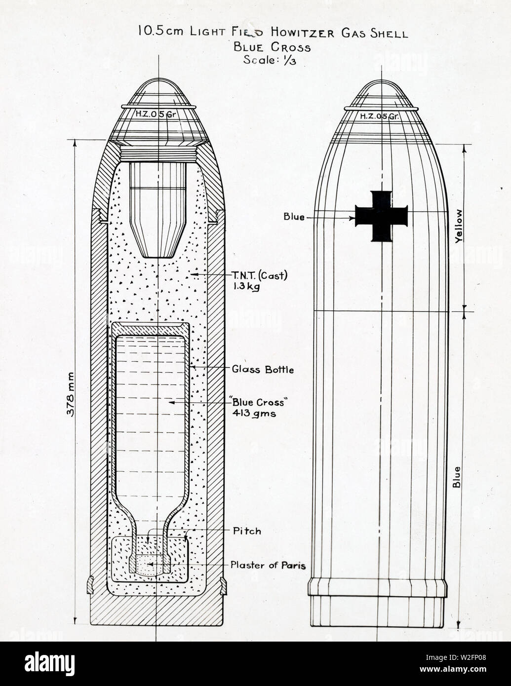 Ordnance Department - Decreto tedesco - Disegno di 10,5 cm campo luminoso obice Shell Gas, Blue Cross ca. Gennaio 1918 Foto Stock