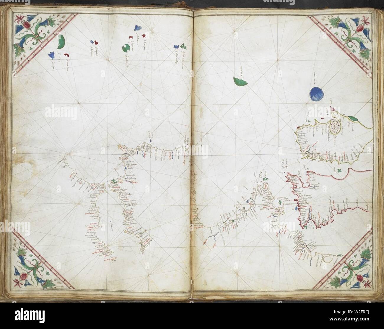 Grafico delle coste di Irlanda, la maggior parte della Gran Bretagna, Francia, Portogallo e lo Stretto di Gibilterra, con delle Azzorre e di Madera- Cornaro Atlas (Egerton MS 73, f.14r). Foto Stock