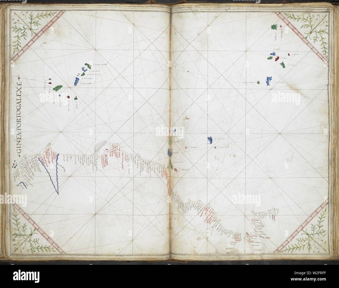 Grafico della costa occidentale dell Africa a sud fino alla Gold Coast, con le isole di Capo Verde e delle Azzorre e della costa occidentale della Spagna e del Portogallo- Cornaro Atlas (Egerton MS 73, f.31r). Foto Stock