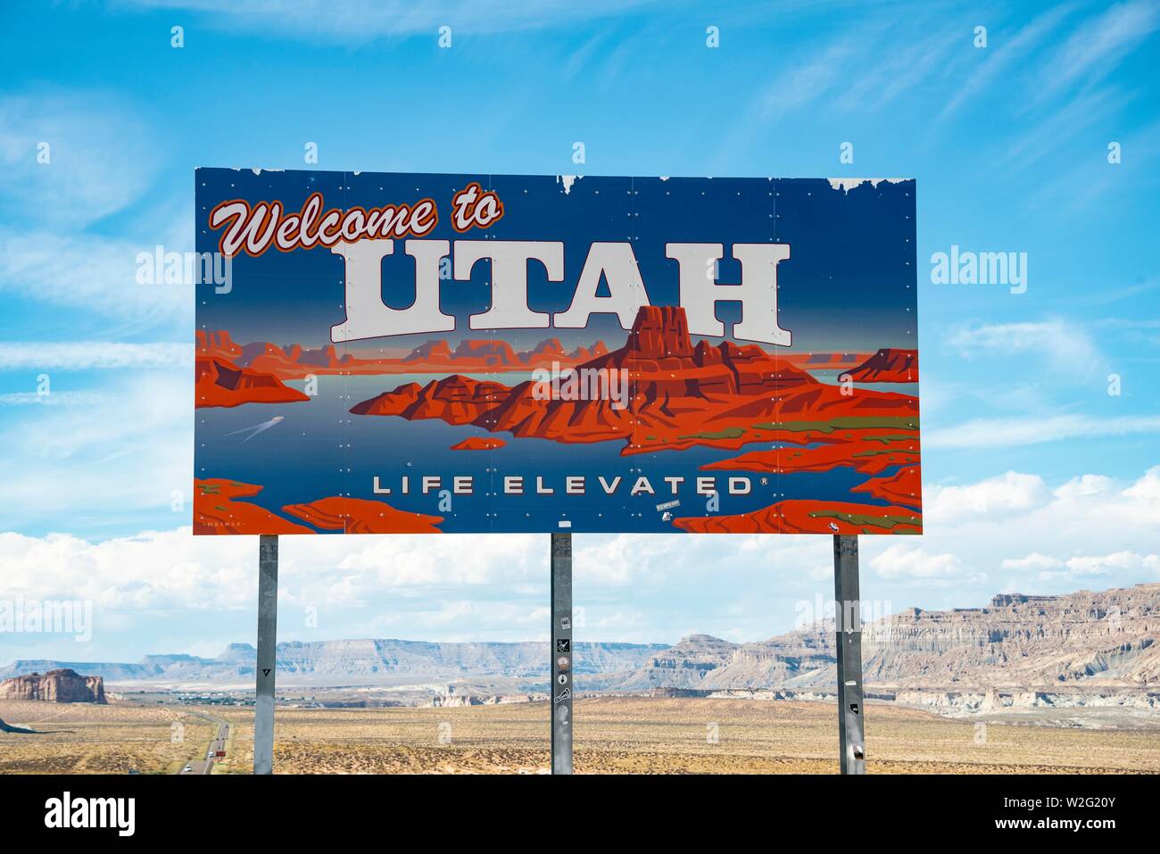 Segno, benvenuti in Utah, Lake Powell, Utah, Stati Uniti d'America Foto Stock