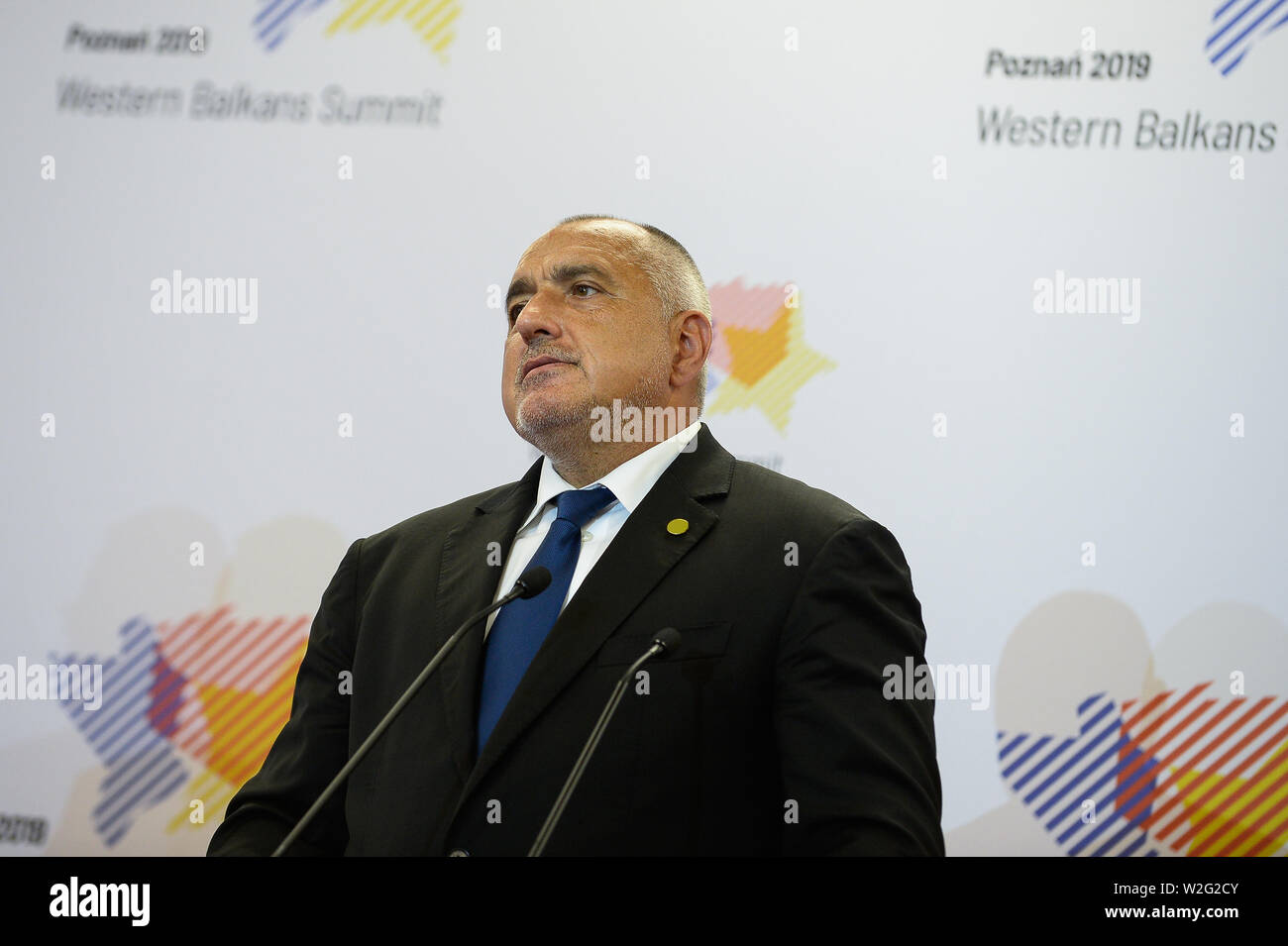 Poznan, Polonia. 05 Luglio, 2019. Il Primo Ministro di Bulgaria, Boyko Borissov parla durante una conferenza stampa presso il sesto dei paesi dei Balcani occidentali nel vertice di Poznan. Credito: SOPA Immagini limitata/Alamy Live News Foto Stock