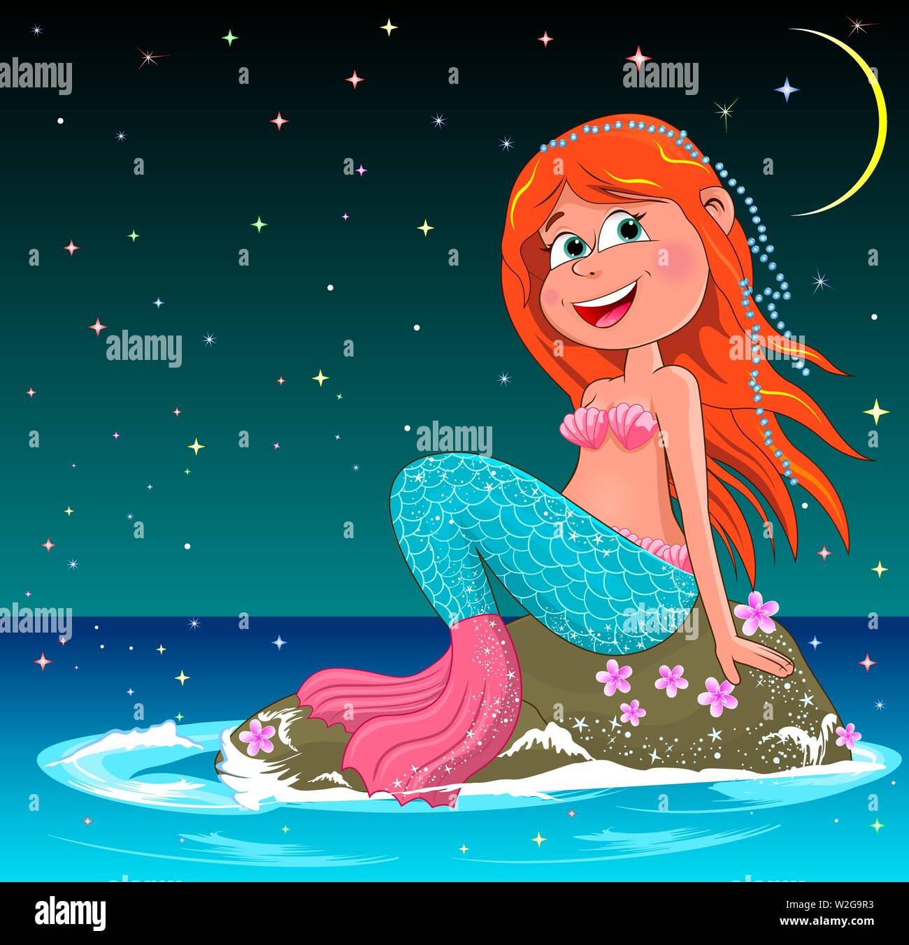 Splendida sirenetta seduto su un mare di pietra. Sirena con i capelli rossi sullo sfondo della notte il cielo stellato. Illustrazione Vettoriale
