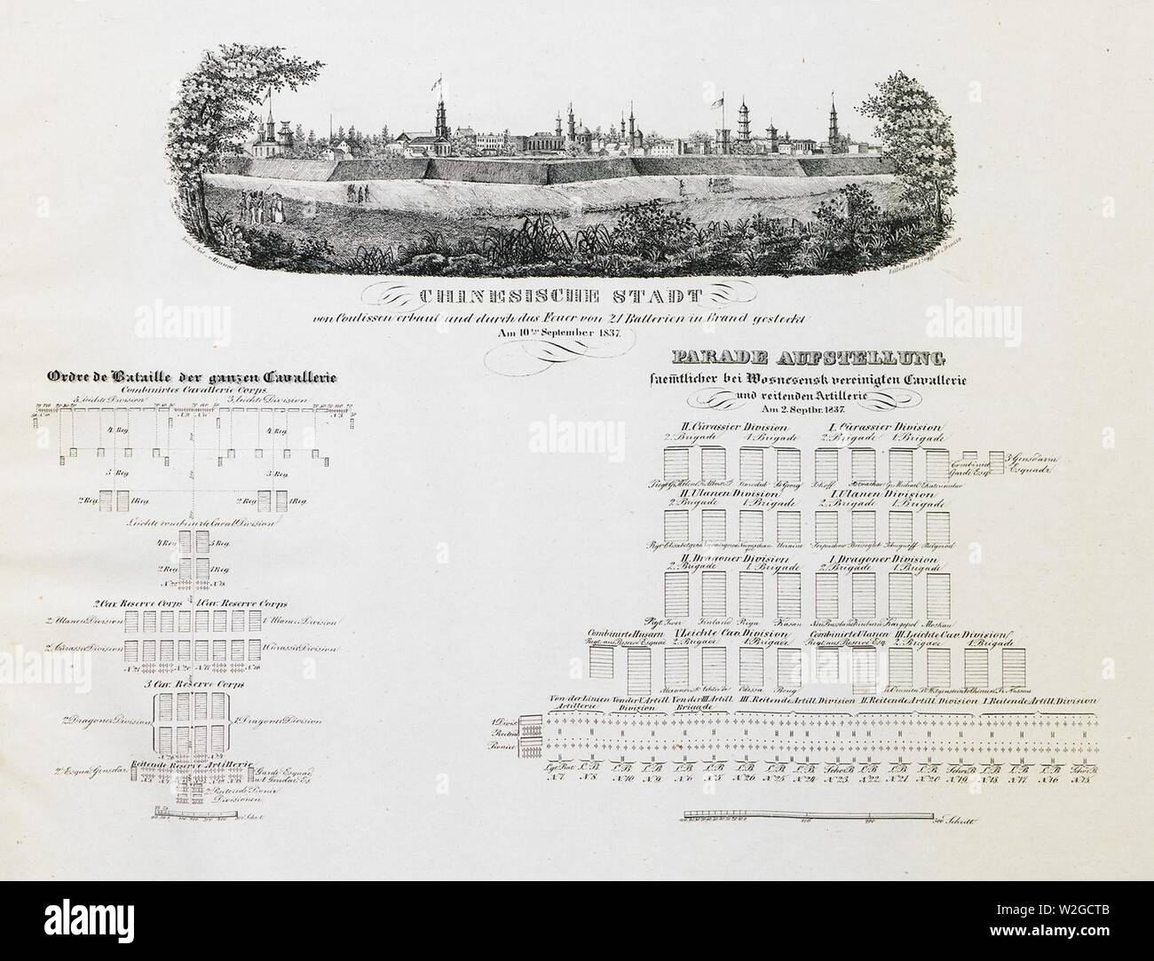 Chinesische Stadt- von Coulissen erbaut und durch das Feuer von 21 Batterien in Brand gesteckt, am 10dieci settembre 1837 - Wrangel Ludwig - 1839. Foto Stock