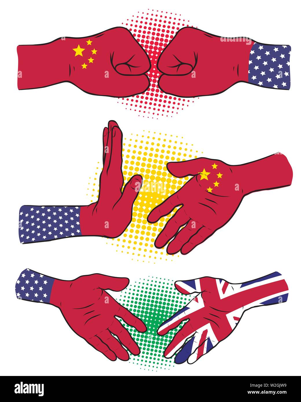 Le relazioni internazionali tra la Cina e l'Inghilterra e gli Stati Uniti d'America. Mano e pugno. Il concetto di business con illustrazione vettoriale elementi. Illustrazione Vettoriale