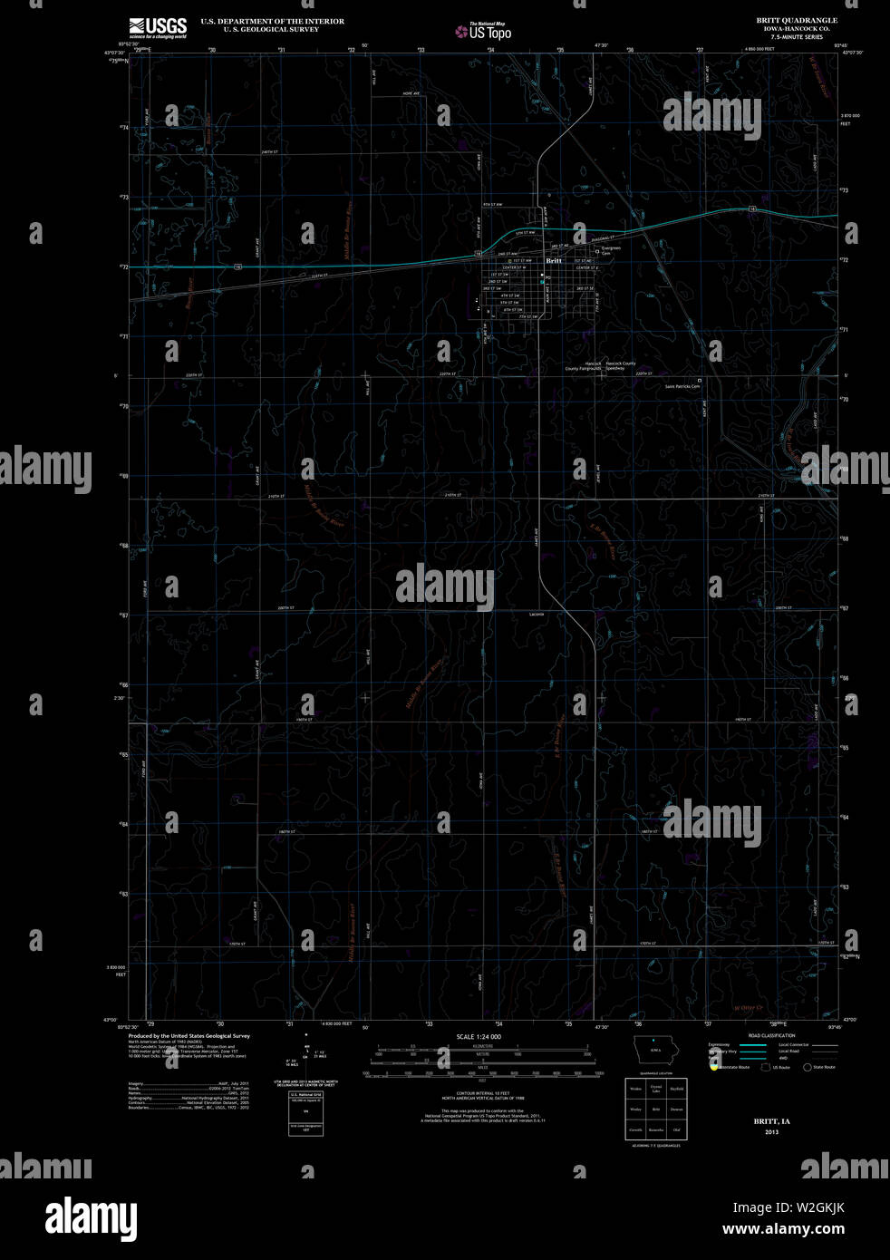 USGS TOPO Map Iowa IA Britt 20130415 TM restauro invertito Foto Stock