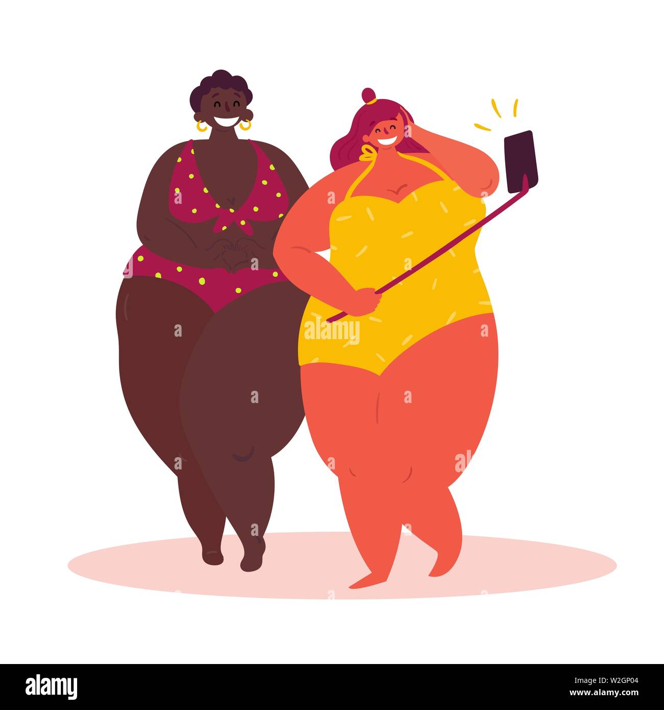 Due cartoon fat girl prendere selfie, sfondo bianco Illustrazione Vettoriale