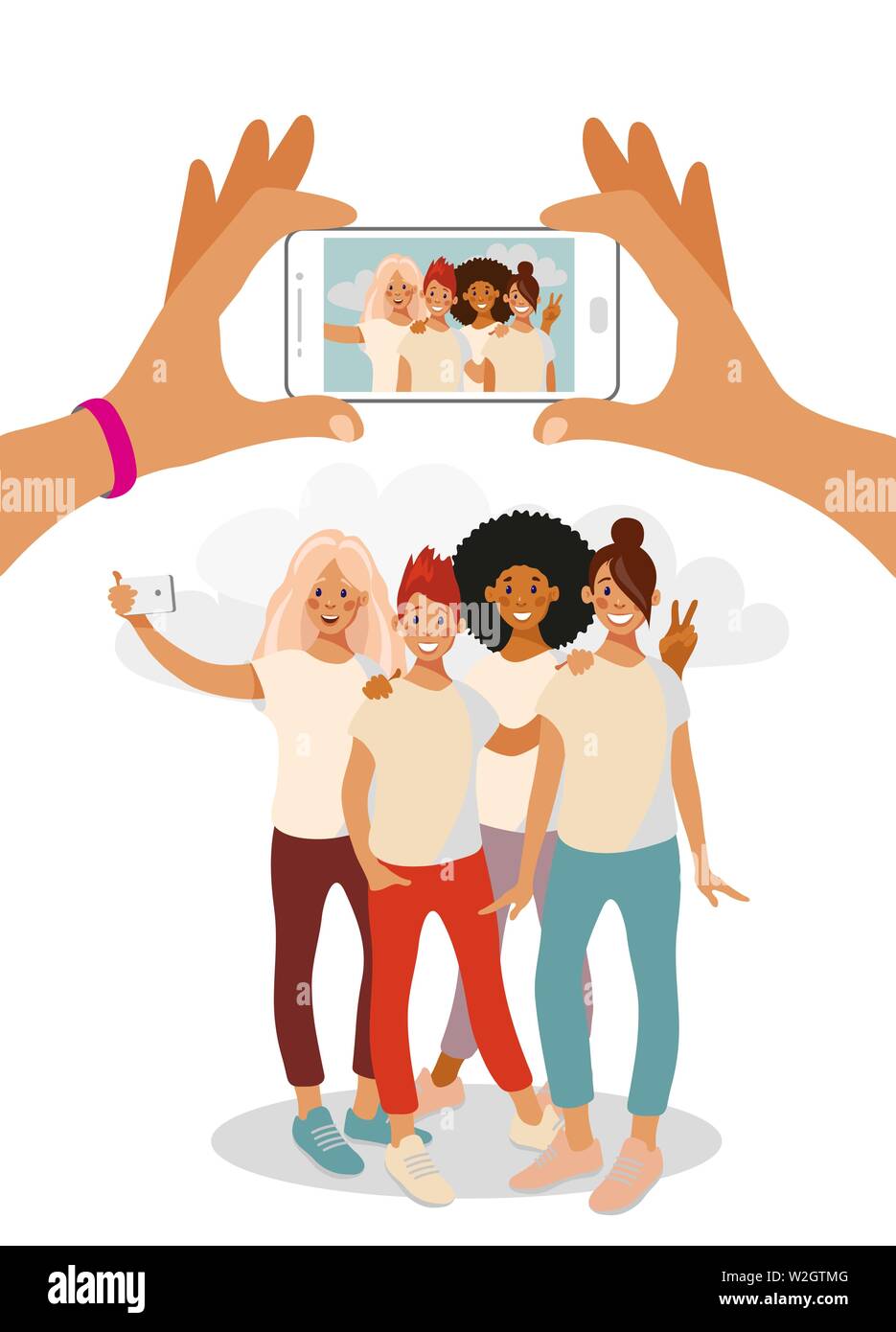 Due mani hanno un martphone e scattare una foto di un gruppo di ragazze adolescenti. Foto di gruppo di amici sullo schermo del telefono. Fumetto illustrazione vettore isolato su sfondo bianco. Illustrazione Vettoriale