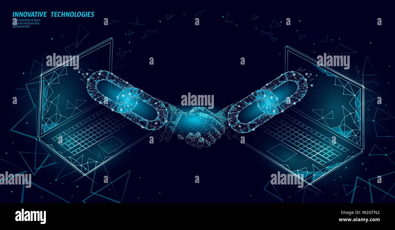 Tecnologia Blockchain 3D handshake. Finanza aziendale accordo nozione di contratto. Il successo della rete web bassa poli modello di pagina di intestazione. Internazionale di poligonale Illustrazione Vettoriale