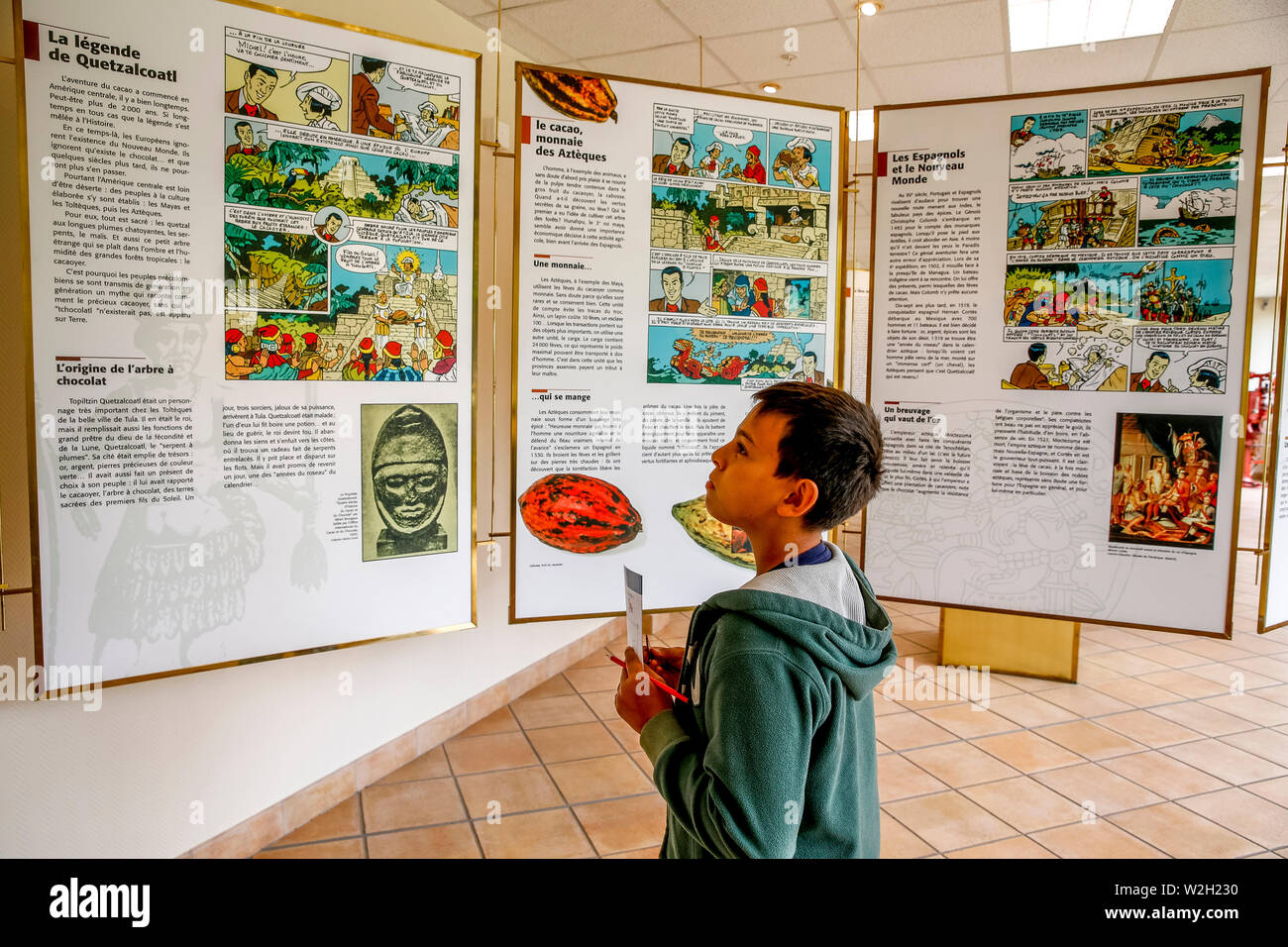 12-anno-vecchio ragazzo visitando un museo del cioccolato in Damville, Francia. Foto Stock