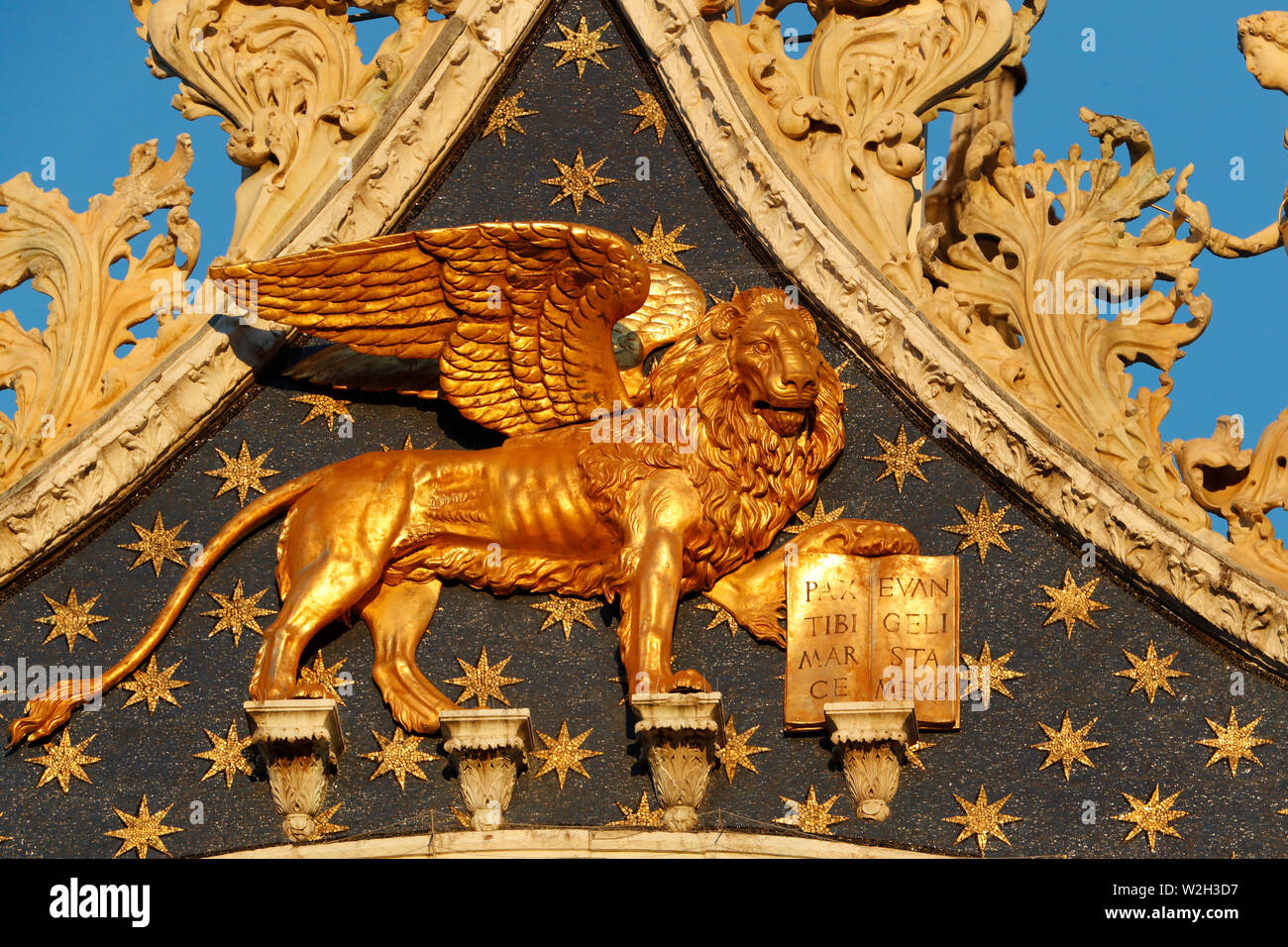 Leone di San Marco e la chiesa. Basilica di San Marco. Golden leone alato, simbolo di San Marco, santo patrono di Venezia. Venezia. L'Italia. Foto Stock