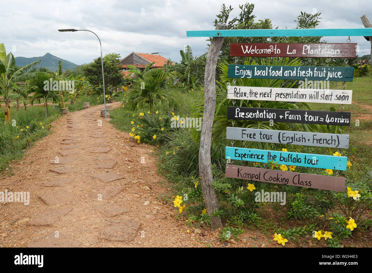 La Plantation, segni al pepe plantation entrata. Kep. Cambogia. Foto Stock