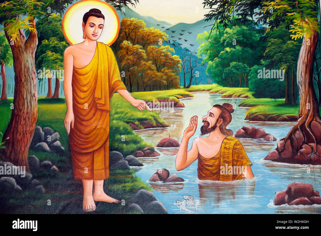 Dipinto raffigurante la storia della vita di Buddha Shakyamuni. Kep. Cambogia. Foto Stock