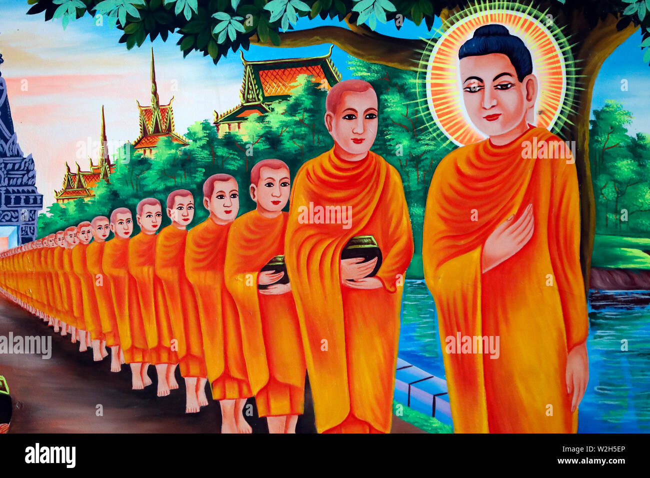 La vita del Buddha, Siddharta Gautama. Durante una visita alla città di Rajagaha, il Buddha è andato per la alms-round. Lungo la strada il re Bimbisara e la sua ro Foto Stock