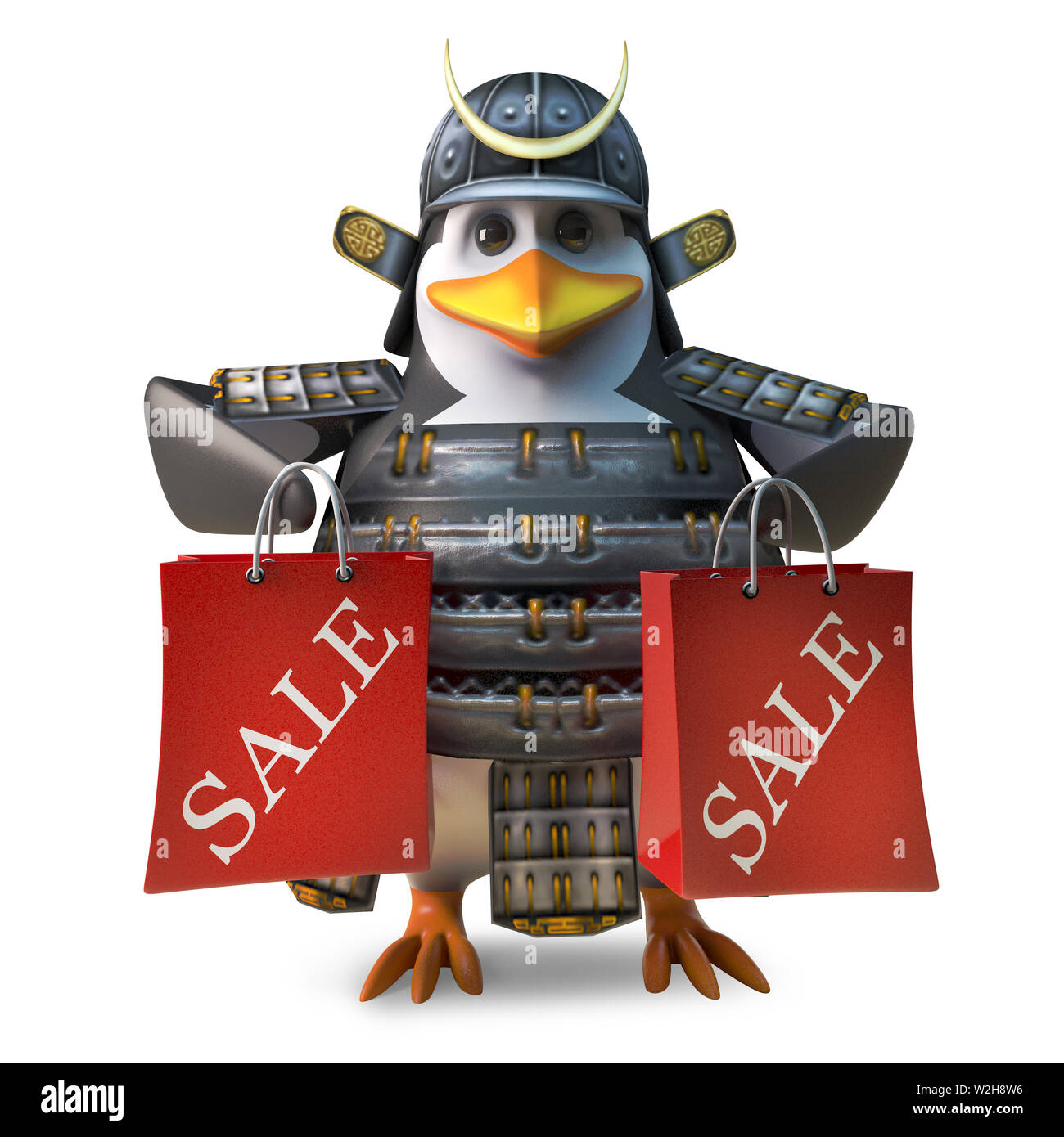 Potente samurai giapponese penguin guerriero ha fatto shopping nelle vendite di nuovo, 3D render illustrazione Foto Stock