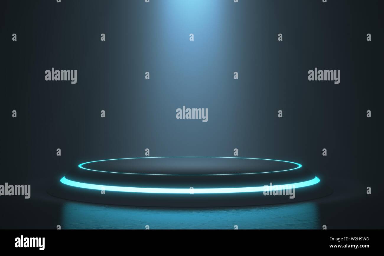 Piedistallo esagonale per la visualizzazione. Vuoto prodotto stand con luce soffusa. Il rendering 3D Foto Stock
