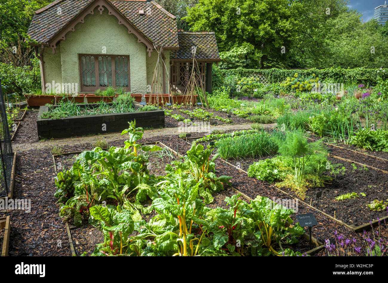 Londra, St Jame's Park, Regno Unito 9 Maggio 2019: isola d'anatra villino con giardino vegetale in St James Park, London, Regno Unito Foto Stock