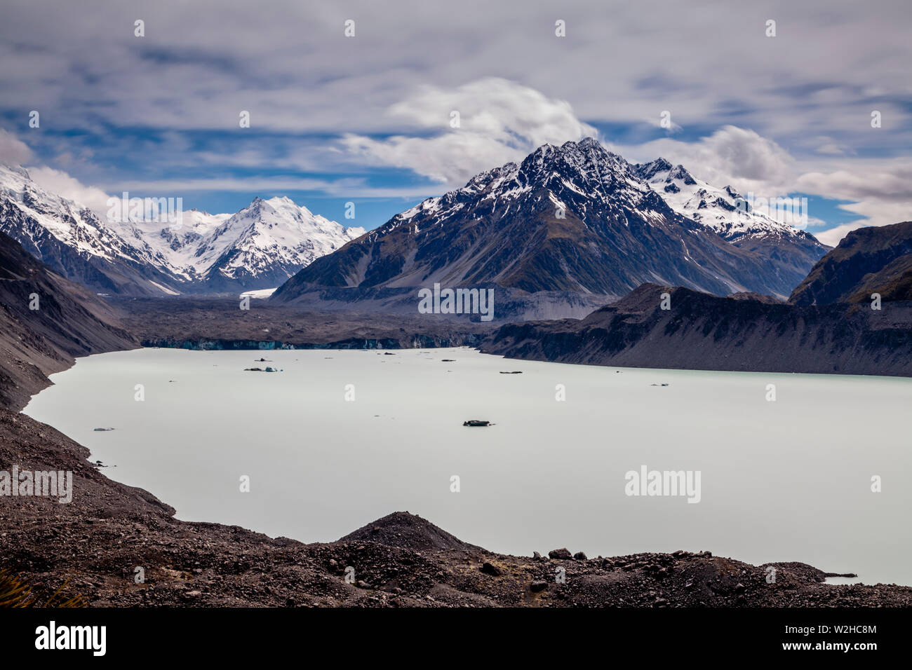 Lago di Tasman/Glacier e Aoraki Monte Cook, isola del Sud, Nuova Zelanda Foto Stock