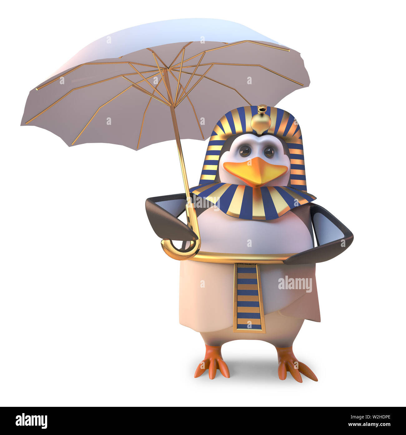 Cauto faraone egiziano penguin utilizza un ombrello per mantenere il sole off, 3D render illustrazione Foto Stock