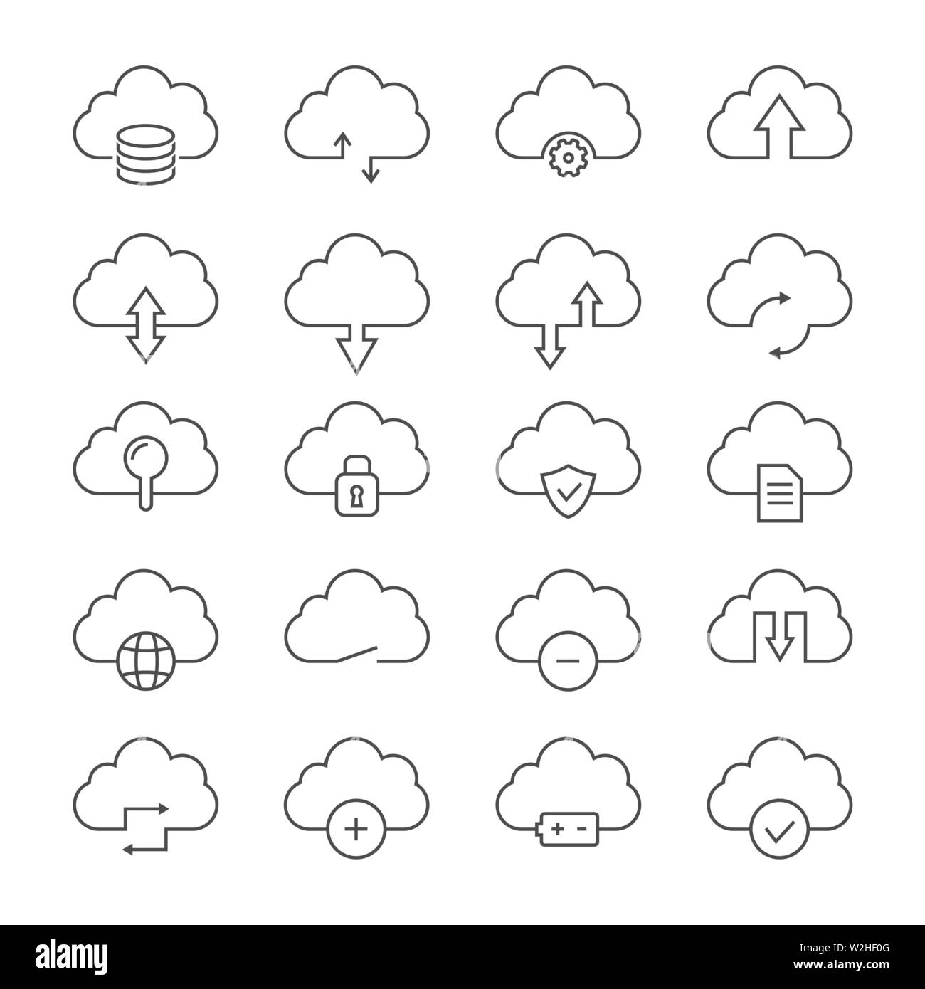 Icona a forma di nuvola set. Tecnologia di rete, scaricare e caricare i simboli Illustrazione Vettoriale
