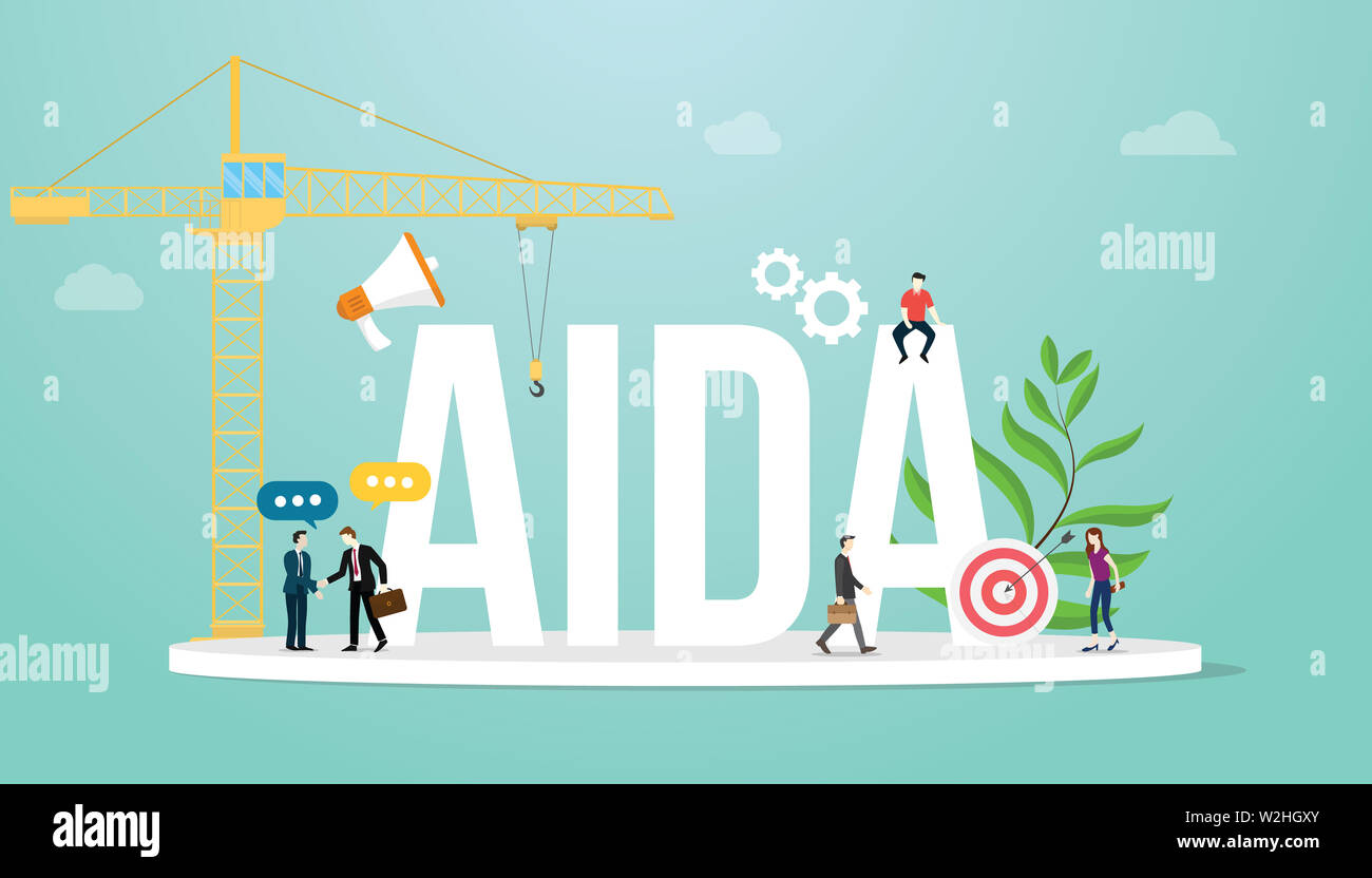 Aida attenzione interesse desiderio azione imbuto di vendita marketing il concetto di business con il team di persone e la grande parola - illustrazione vettoriale Foto Stock