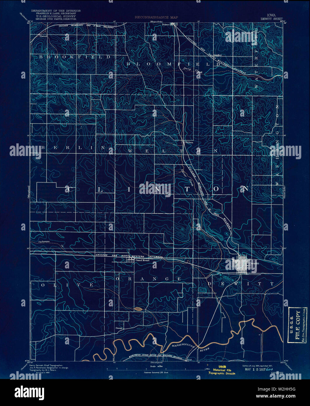 USGS TOPO Map Iowa IA DeWitt 174513 1891 62500 Restauro invertito Foto Stock