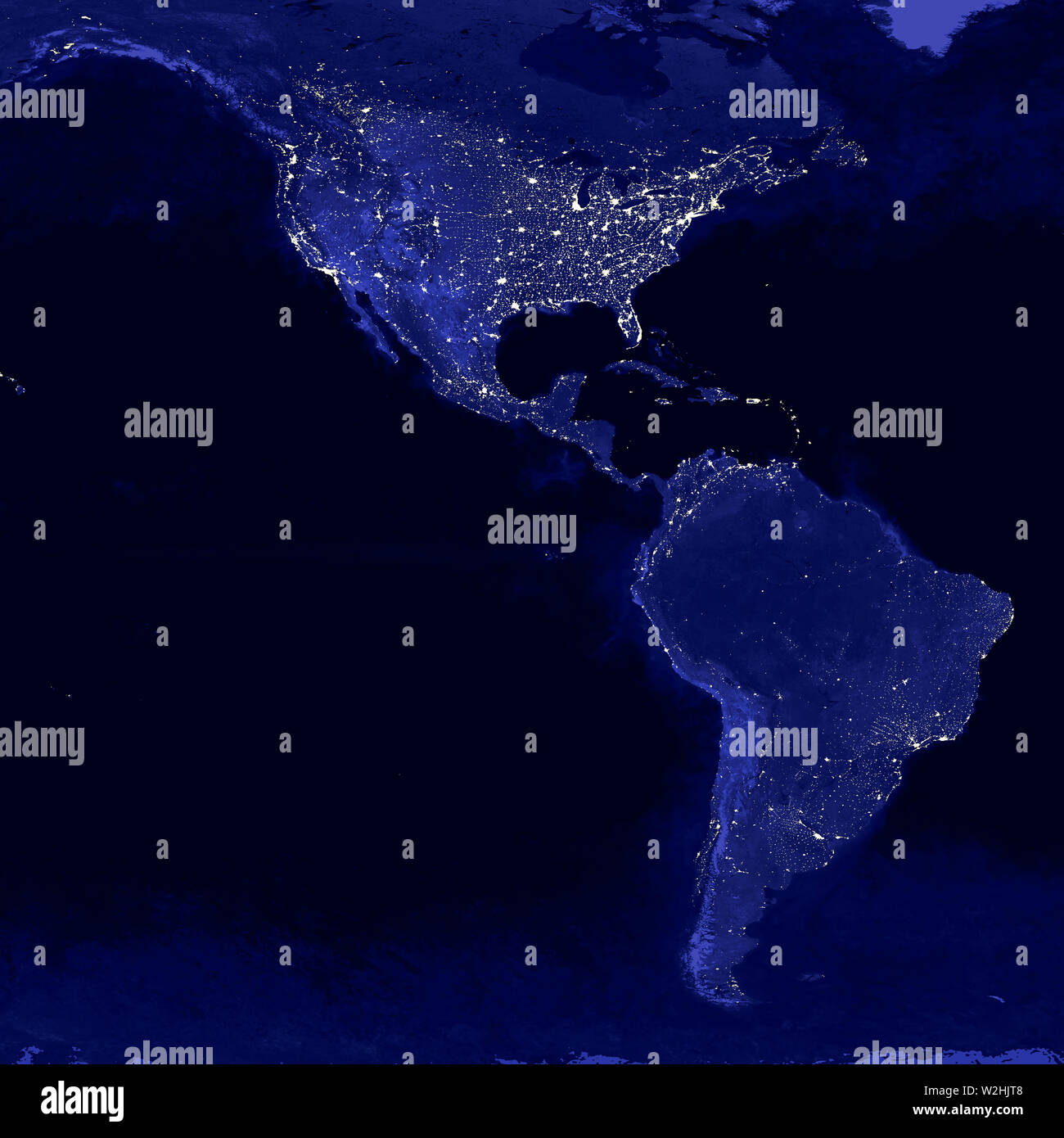 Nord e Sud America mappa di luci di notte. Vista dallo spazio Foto Stock