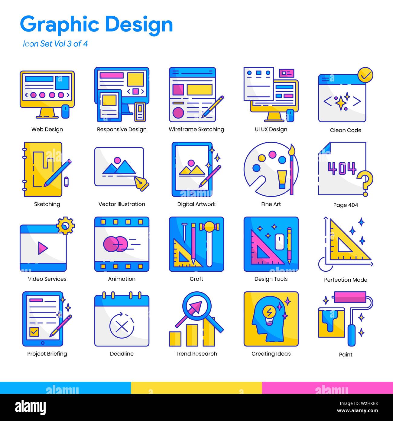 Graphic Design Icon Set. Linea e schermo piatto a colori e stile. EPS vettoriali 10 Illustrazione Vettoriale