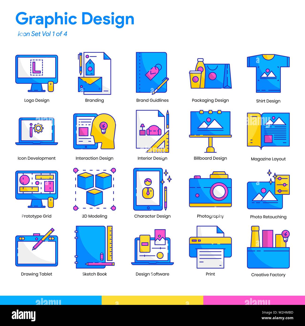 Graphic Design Icon Set. Linea e schermo piatto a colori e stile. EPS vettoriali 10 Illustrazione Vettoriale