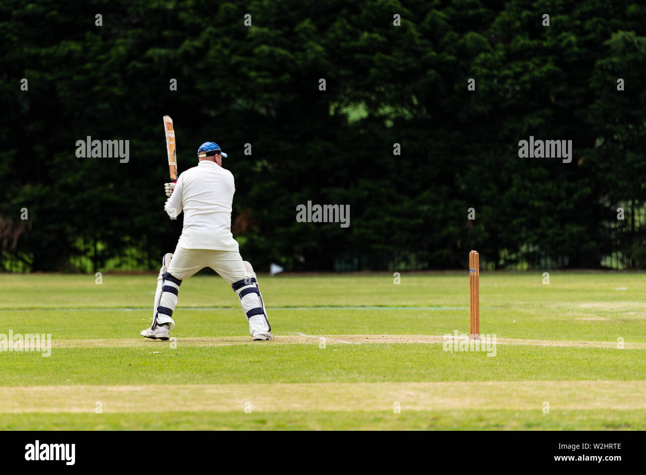 Dietro la vista laterale del giocatore di cricket batting durante il gioco sul campo in un parco locale Foto Stock