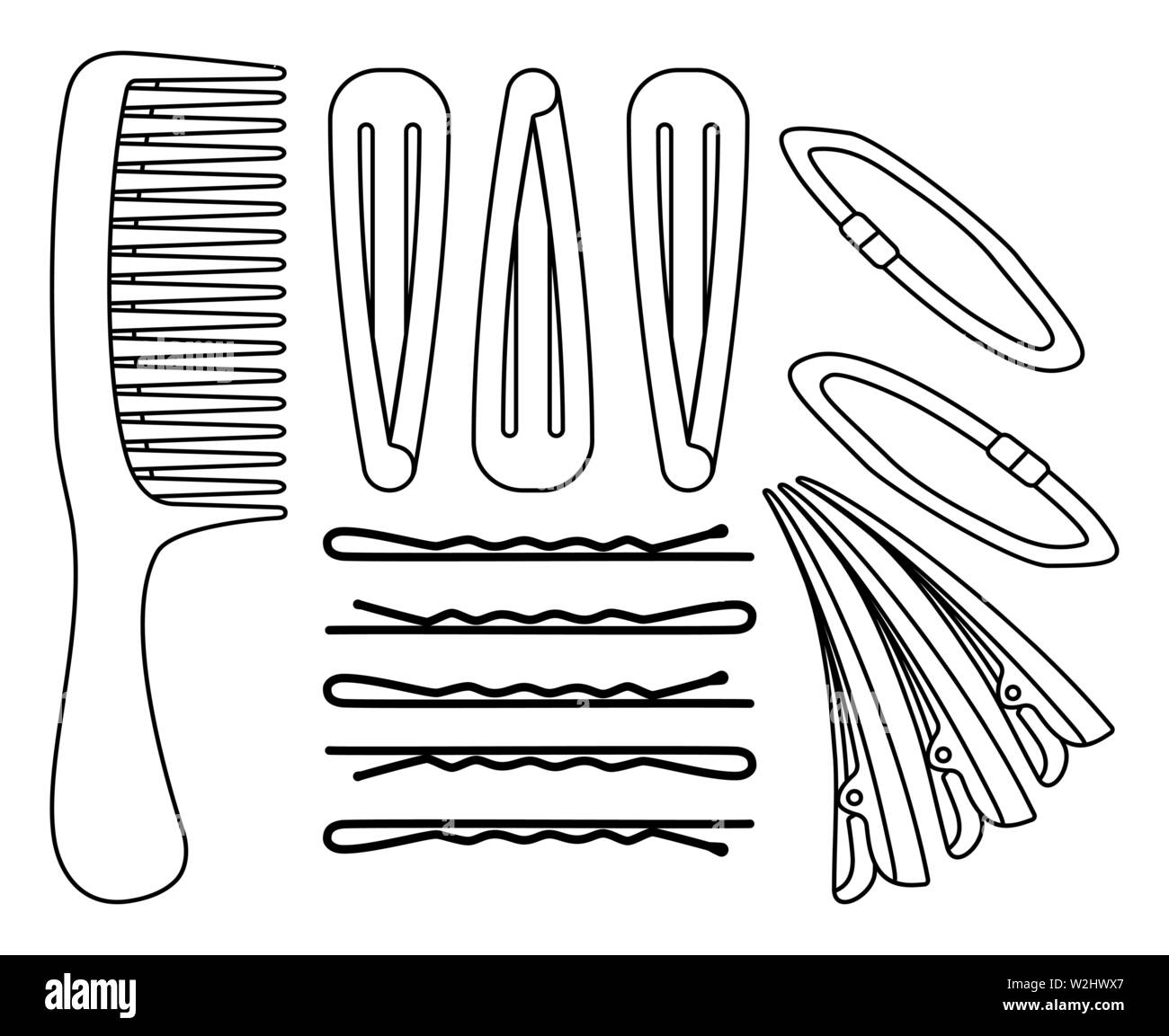 Line art in bianco e nero per lo styling dei capelli impostata Illustrazione Vettoriale