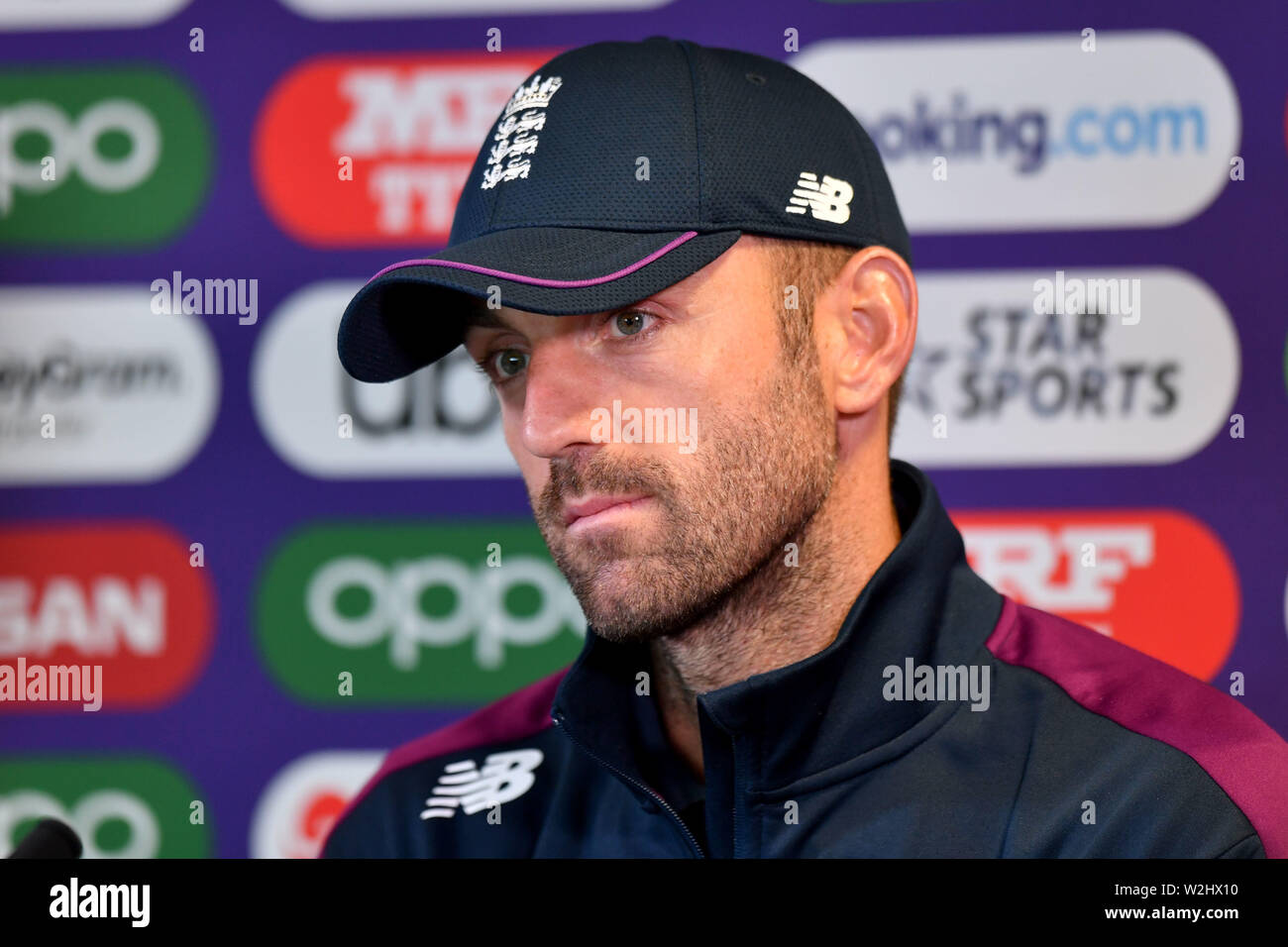 L'Inghilterra del Liam Plunkett parlare ai media durante una conferenza stampa a Edgbaston, Birmingham. Foto Stock