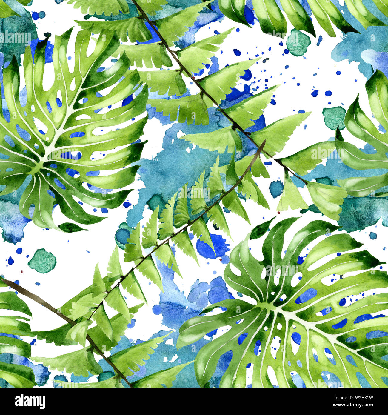 Exotic Tropical hawaiian estate. Palm Beach foglie. Illustrazione ad acquerello set. Disegno ad acquerello fashion aquarelle. Seamless patte di sfondo Foto Stock