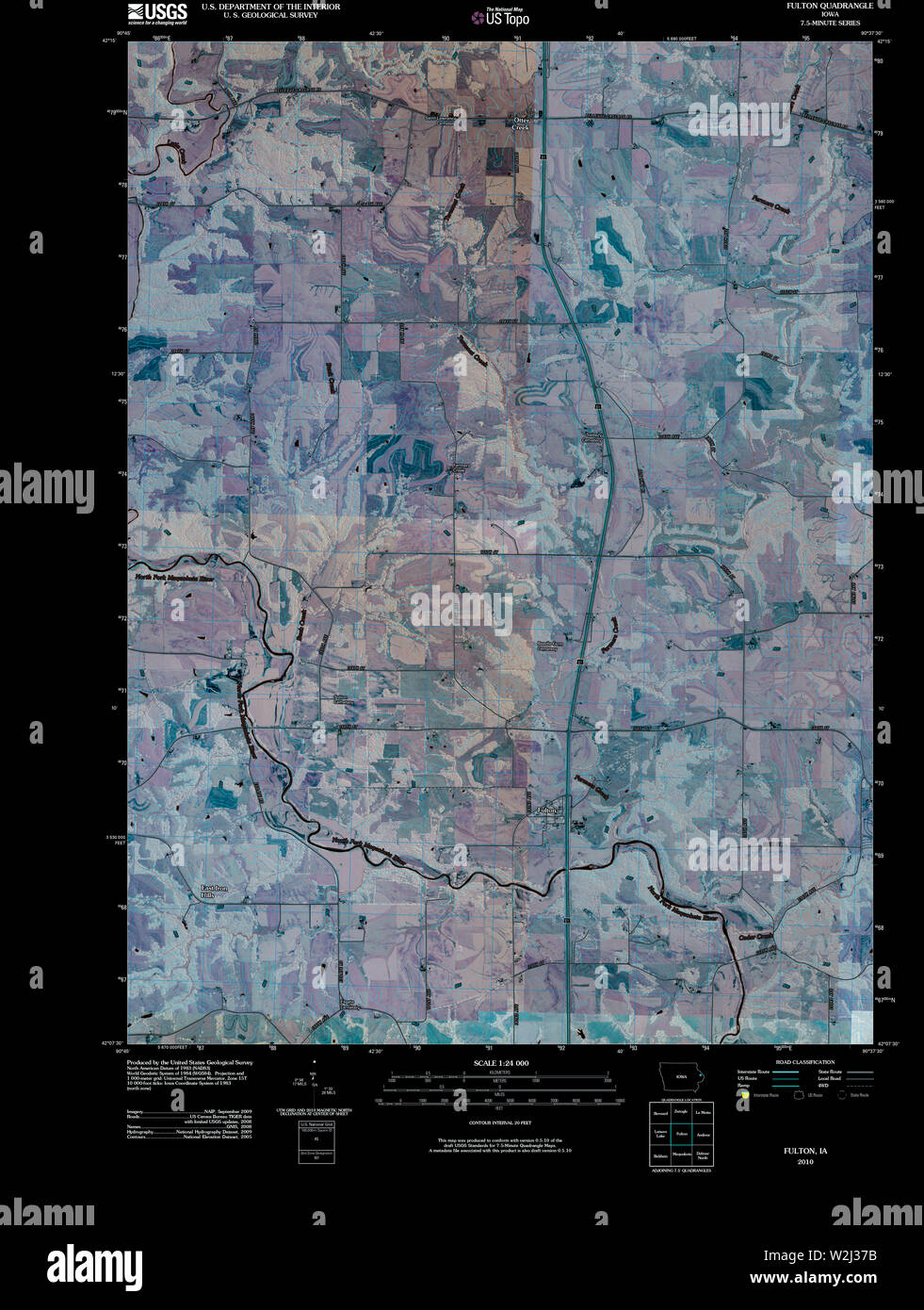 USGS TOPO Map Iowa IA Fulton 20100524 TM restauro invertito Foto Stock