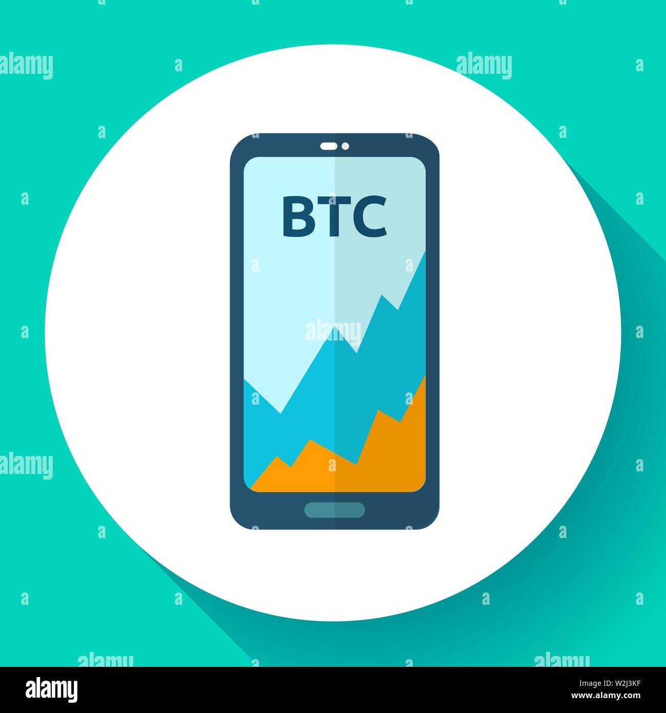 Exchange cryptocurrency nel telefono, applicazione mobile, mercato bitcoin icona della piattaforma, Bitcoin aumento di prezzo, illustrazione vettoriale. Illustrazione Vettoriale