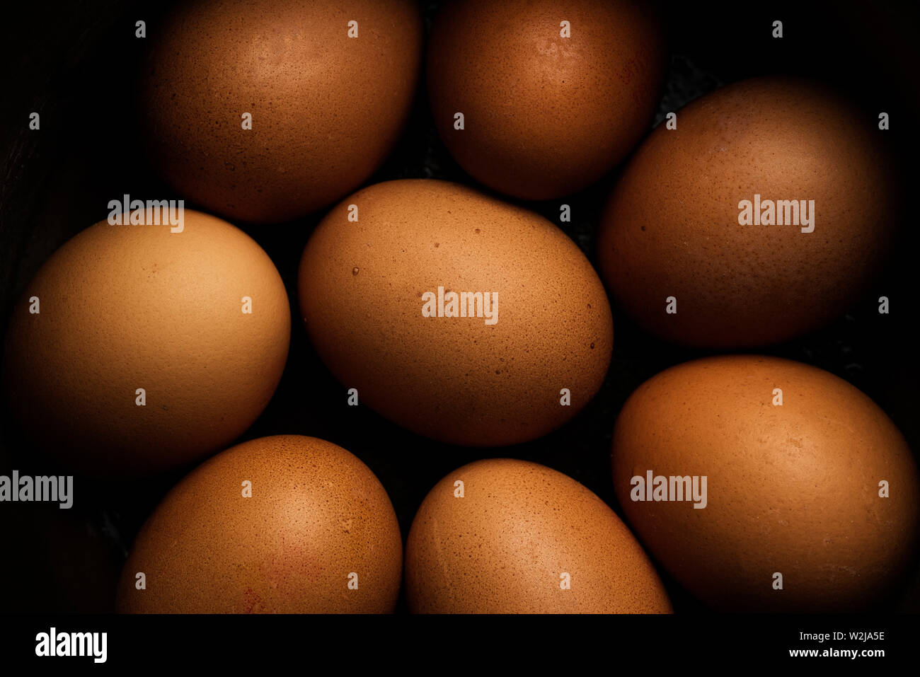 Una disposizione di otto uova di colore marrone. Foto Stock