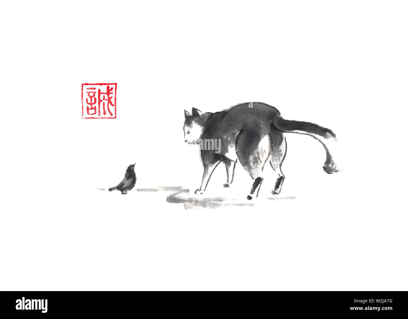 Gatto e uccello in stile giapponese originale di sumi-e pittura di inchiostro. Hieroglyph featured significa sincerità. Ottimo per biglietti di auguri o una texture design Foto stock - Alamy