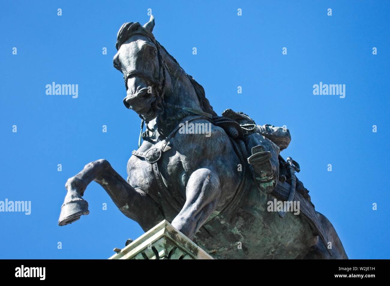 Vista dal basso di una statua di bronzo di un cavallo Foto Stock