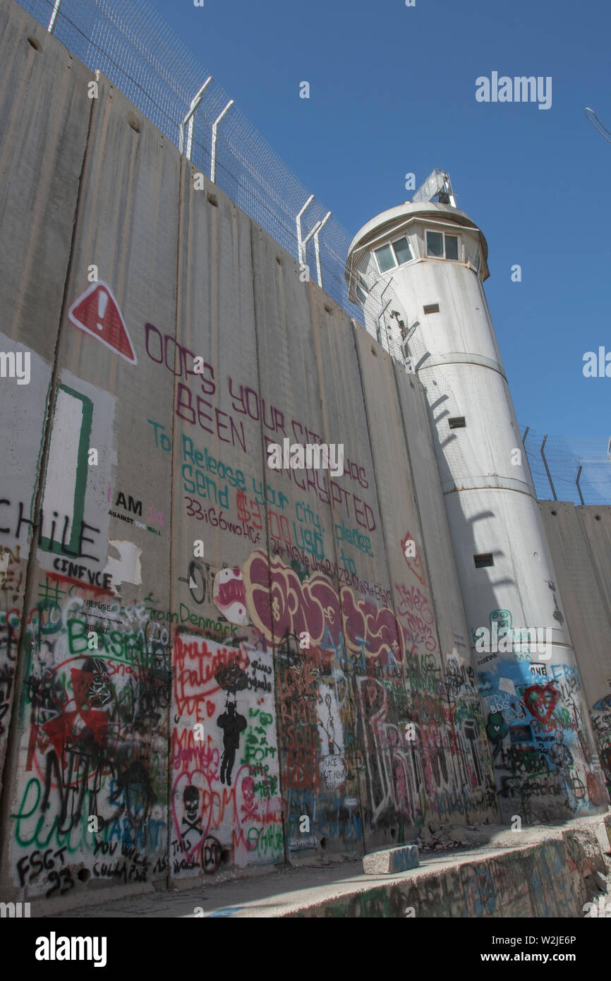 Palestina, Israele, sponda occidentale, muro di separazione del campo di Aida Foto Stock