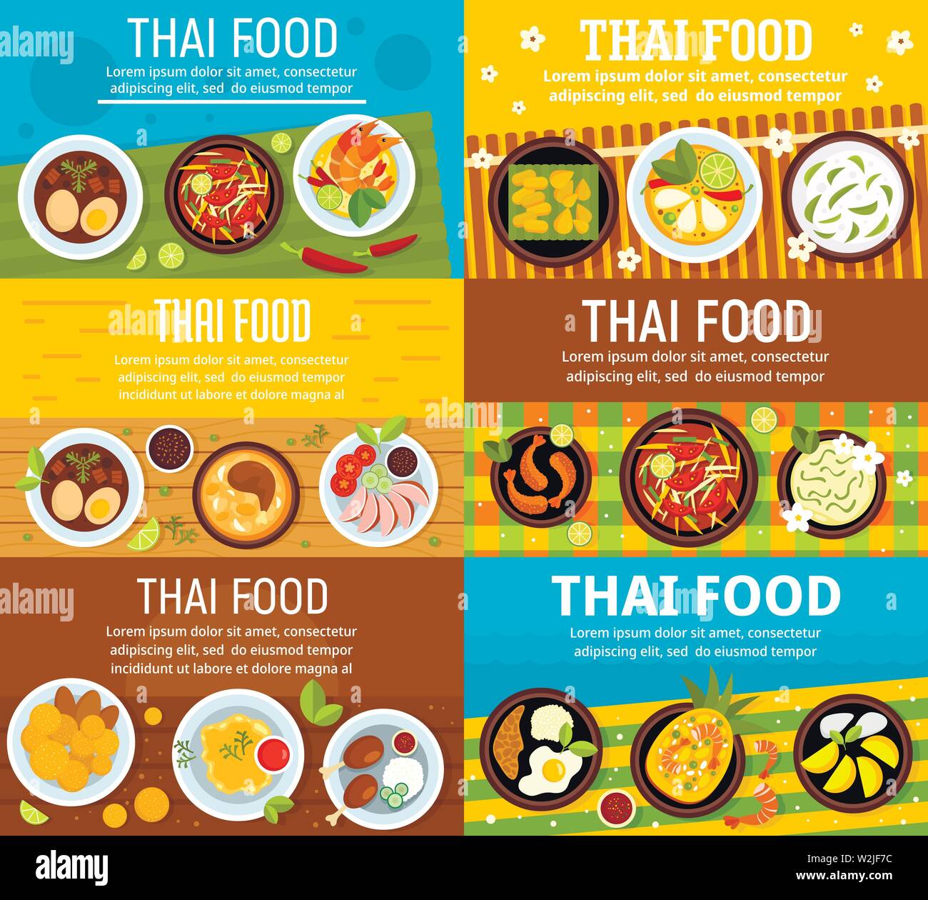 Moderno cibo tailandese banner set. Illustrazione piatti della moderna cucina tailandese vettore set di banner per il web design Illustrazione Vettoriale