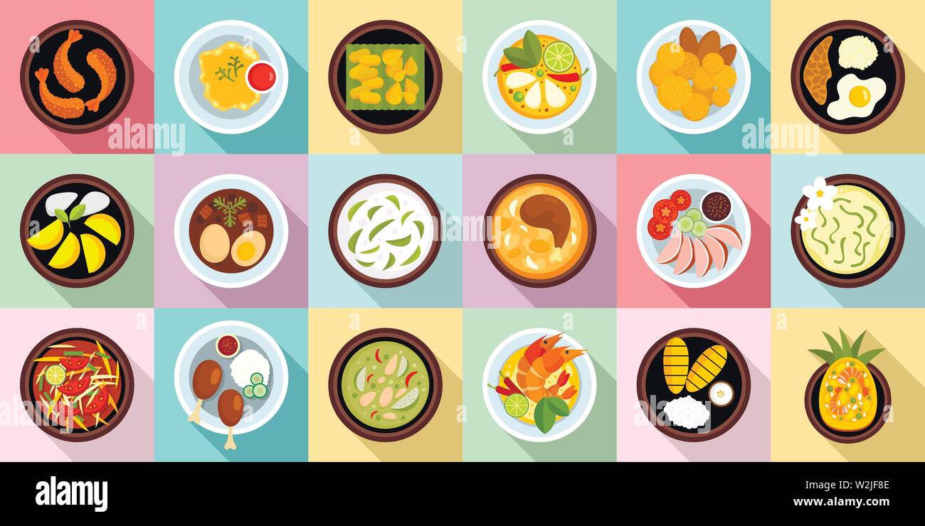 Il cibo tailandese set di icone. Set di piatti di cucina tailandese icone vettoriali per il web design Illustrazione Vettoriale