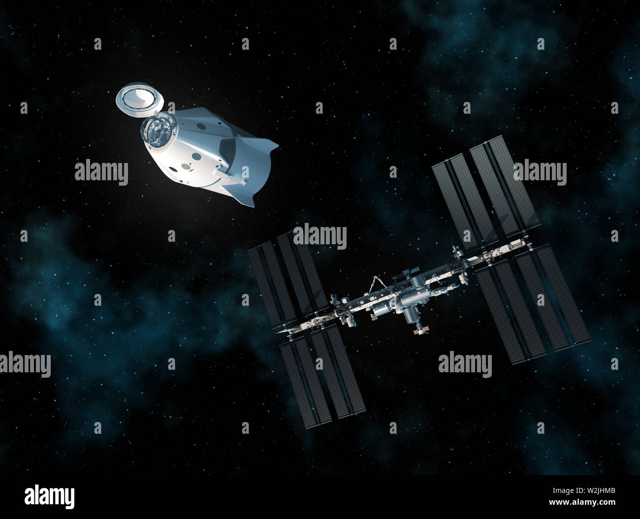 Veicolo spaziale commerciale e la stazione spaziale internazionale nello spazio. 3D'illustrazione. Foto Stock