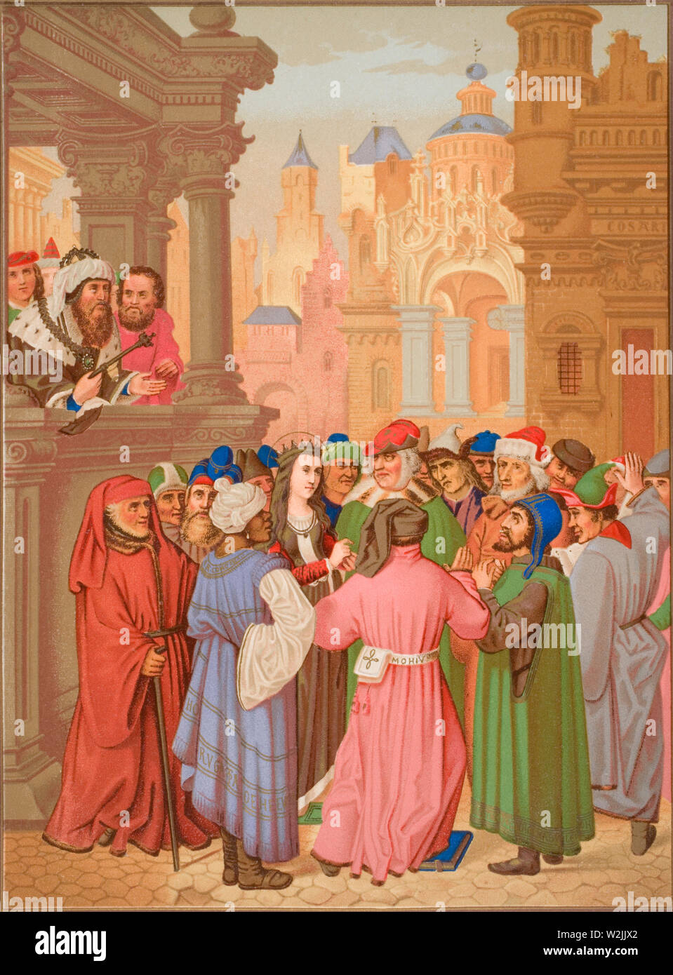 Santa Caterina circondato dai medici di Alessandria, Egitto. Copia di una miniatura del Breviario del cardinal Grimani, attribuito a Memling. Foto Stock
