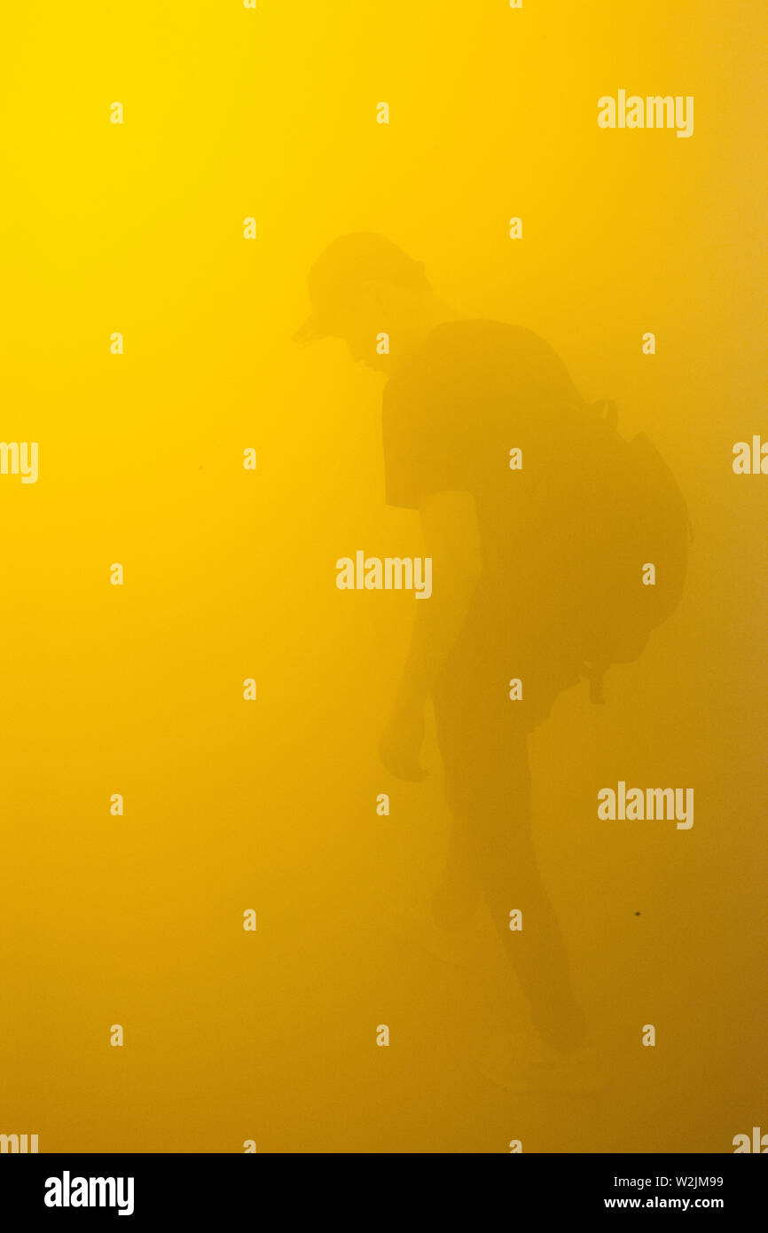 Olafur Eliasson 'nella vita reale' apre alla Tate Modern di Londra. Qui mostrato, l'installazione 'Din blinde passager (i vostri passeggeri non vedenti)' dal 2010, che è un corridoio riempita con un artificiale nebbia secca. Foto Stock
