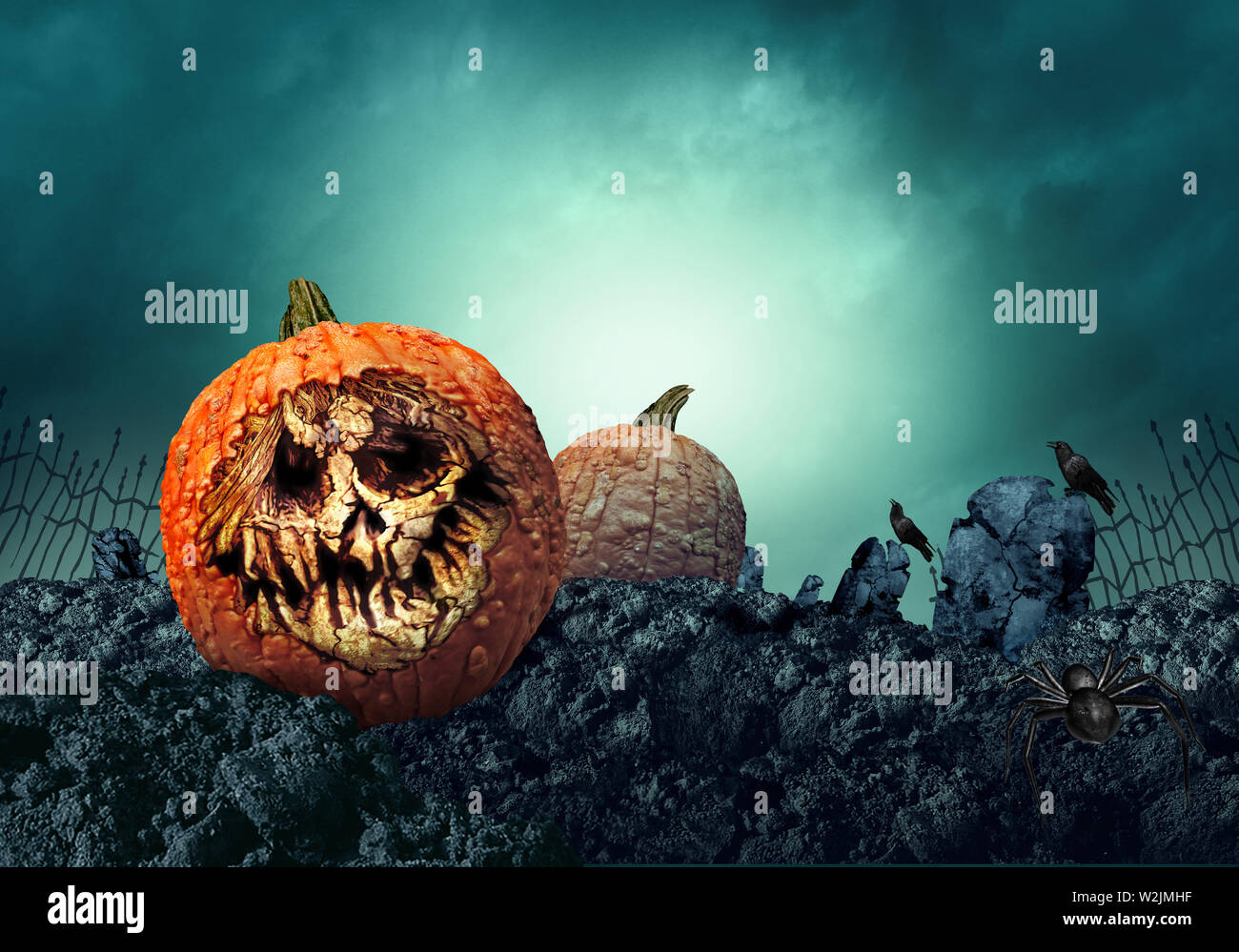Zucca di Halloween grave e inquietante gourd di zombie in una haunted spooky cimitero come un grimace di orrore su un pauroso jack o lanterna. Foto Stock