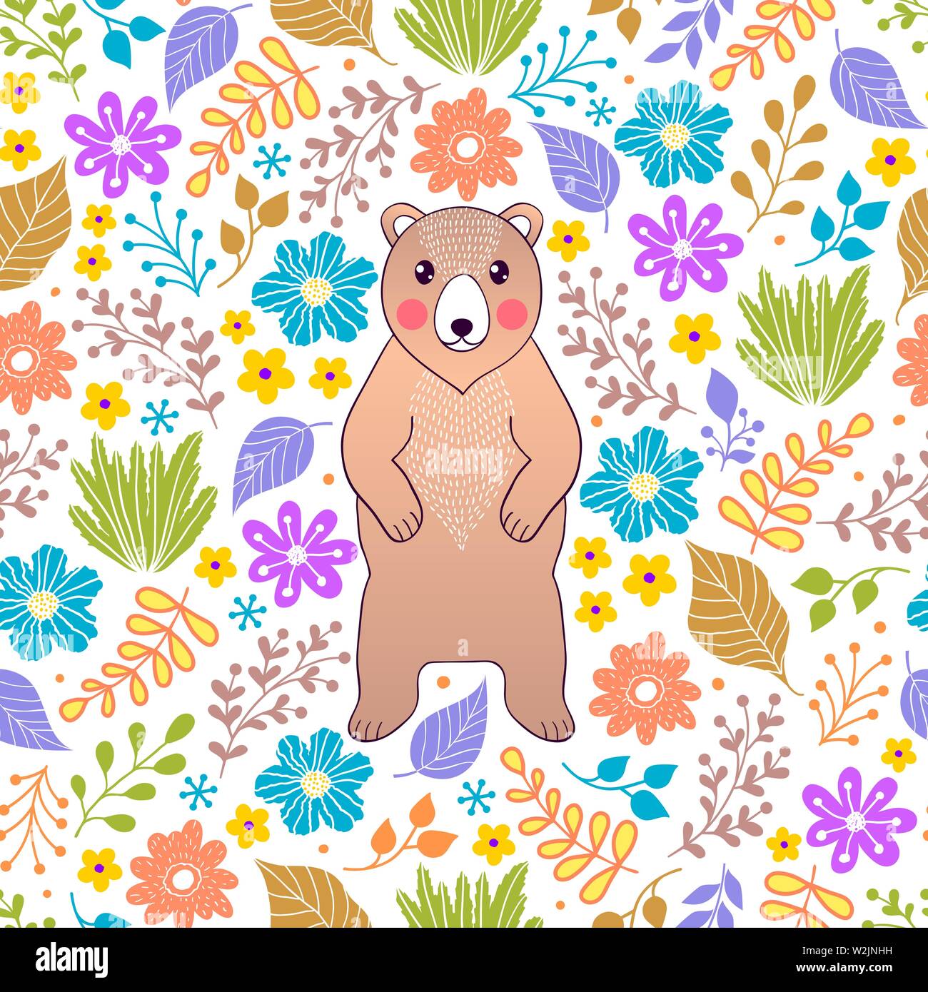 Modello senza cuciture con orso e fiori su sfondo bianco Illustrazione Vettoriale