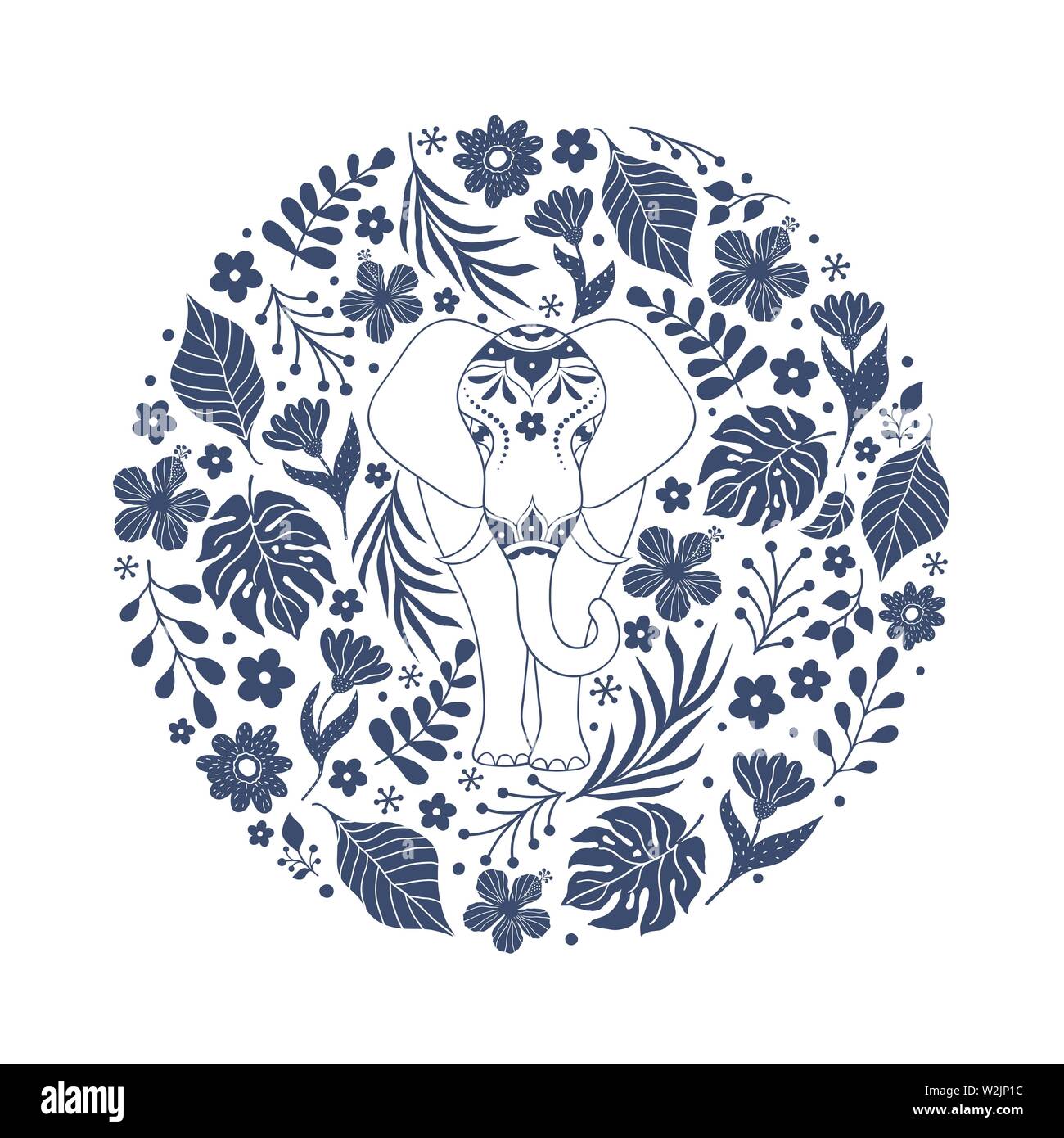 Disegnata a mano elefante e fiori tropicali su sfondo bianco Illustrazione Vettoriale