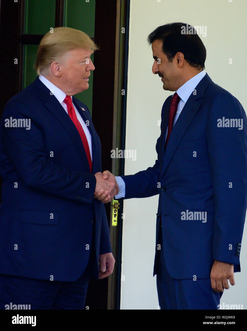 Washington, Stati Uniti d'America. 09 Luglio, 2019. Il Presidente degli Stati Uniti, Trump accoglie Amir Tamim Bin Hamad Al Thani di Stato del Qatar per la Casa Bianca di Washington, DC il Martedì, 9 luglio 2019.Credit: Ron Sachs/CNP | Utilizzo di credito in tutto il mondo: dpa/Alamy Live News Foto Stock